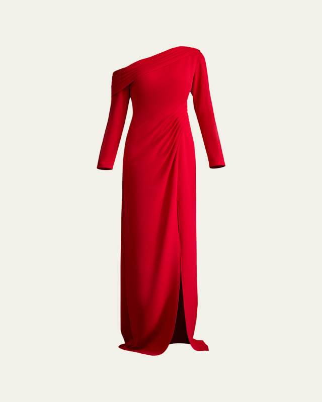 Draped One-Shoulder Crepe Column Gown